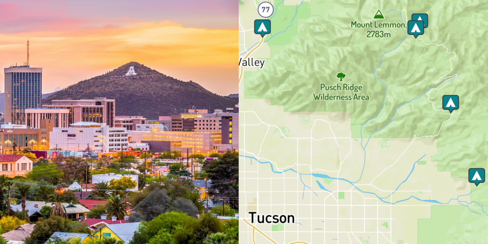 side by side images of Tucson and campgrounds around Tucson