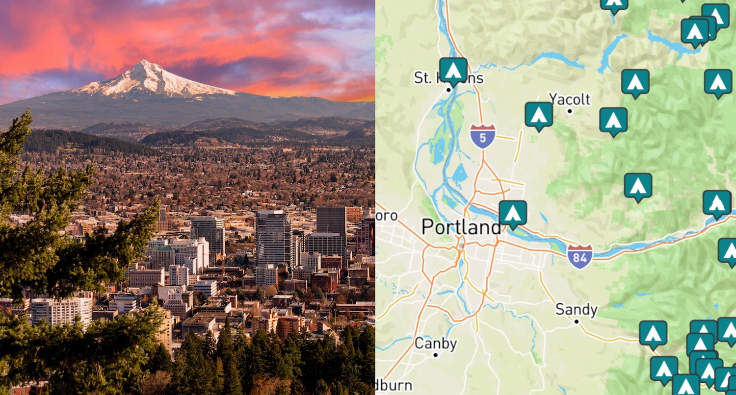 side by side images of portland downtown and a map of campgrounds around portland