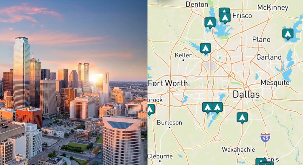 side by side images of downtown Dallas and a map of campgrounds around Dallas