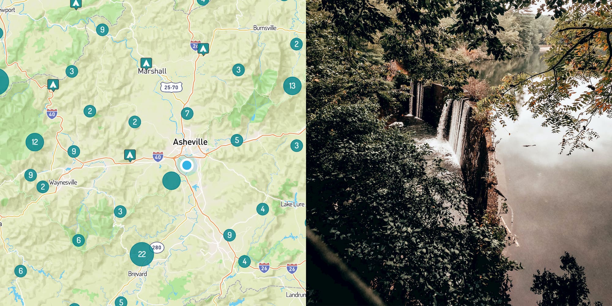 Map of camping near Asheville and waterfalls near Asheville, North Carolina.
