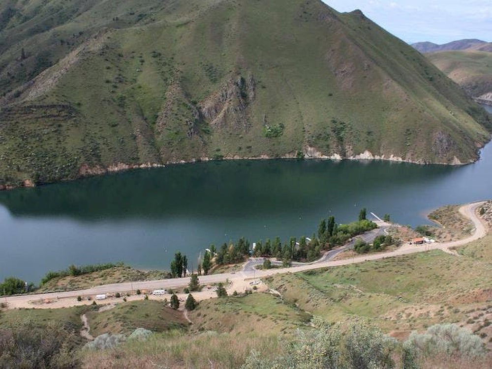 Overlooking campground beside lake in Idaho.