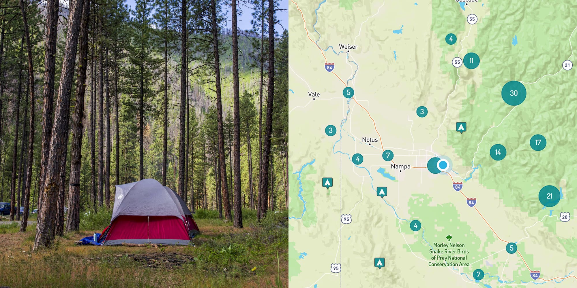 Image of campground in Boise, Idaho and map of campgrounds nearby.