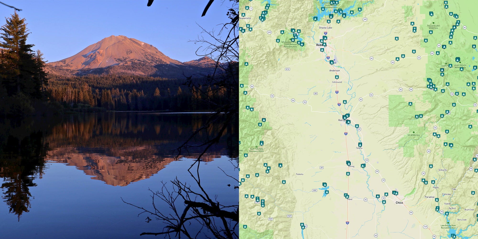 Landscape of Manzanita Lake at Lassen Volcanic and map of campgrounds near Chico and Redding in Northern California.