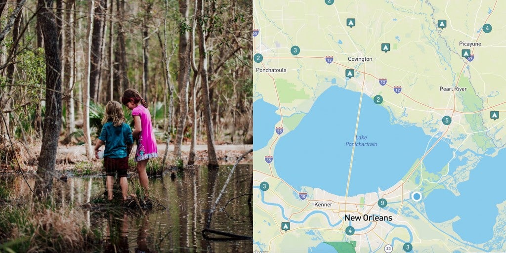Image of girls in the bayou at a campground and map of camping near New Orleans, Louisiana. Right image of map of camping near New Orleans.