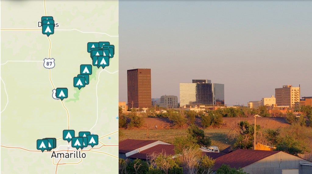 side-by-side images of campgrounds near Amarillo and a photo of downtown Amarillo