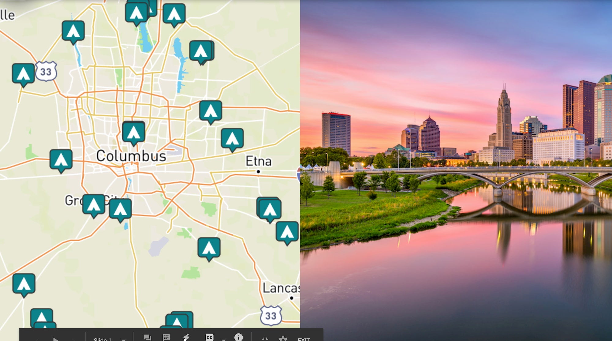 side by side images of columbus ohio and a map of campgrounds near columbus