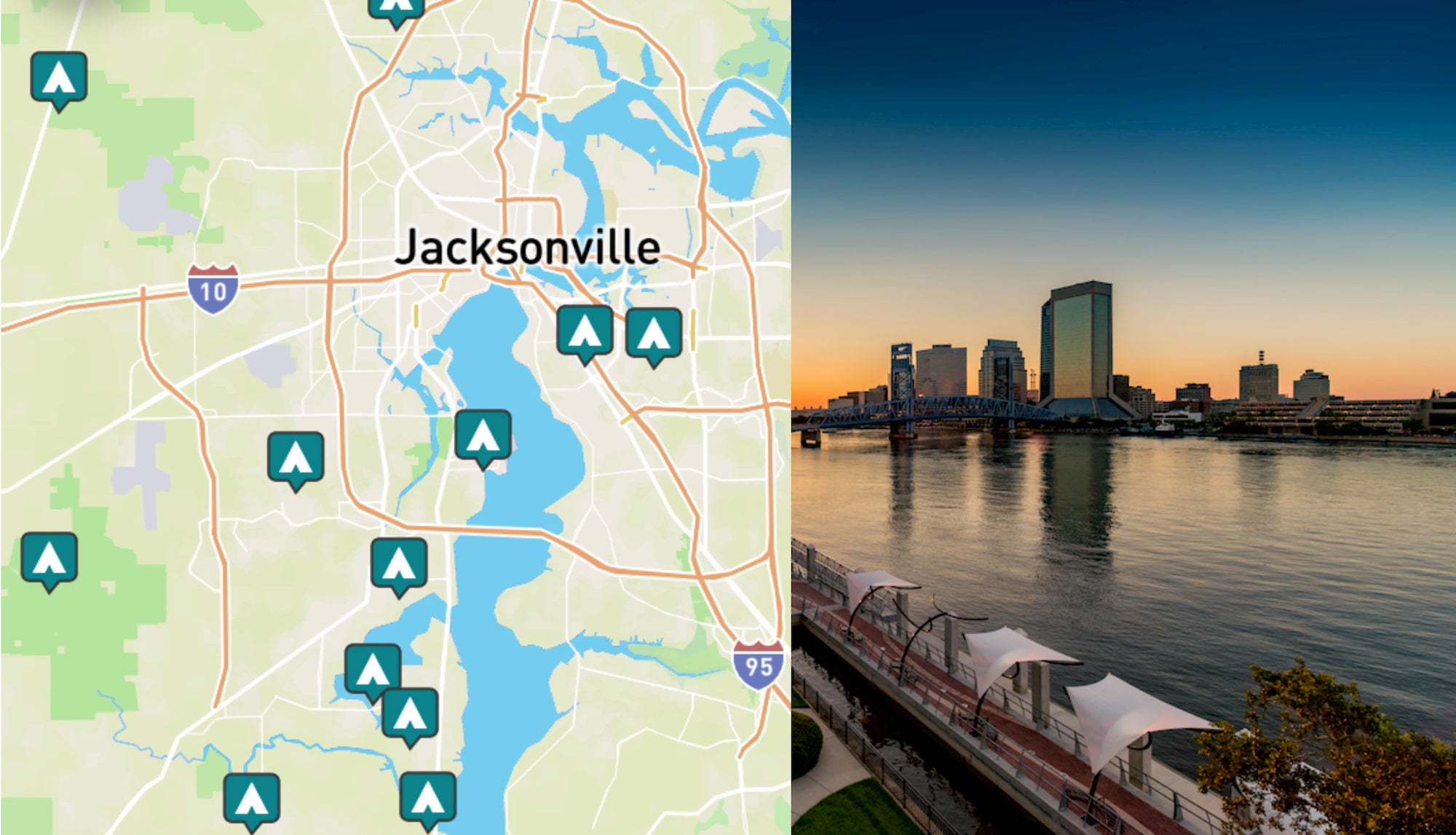 side-by-side images of Jacksonville Florida, and a map of campgrounds near Jacksonville