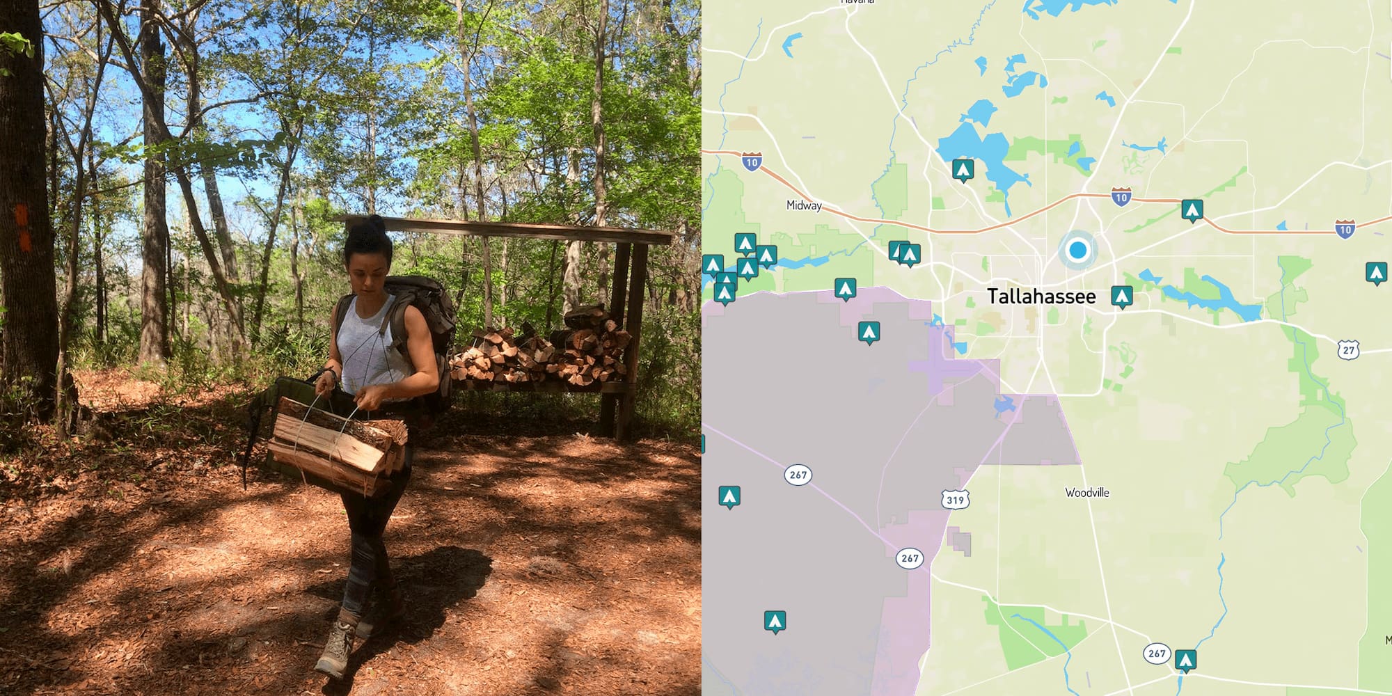 Woman carrying firewood to a campground in Tallahassee beside a map of campgrounds around Tallahassee, Florida.