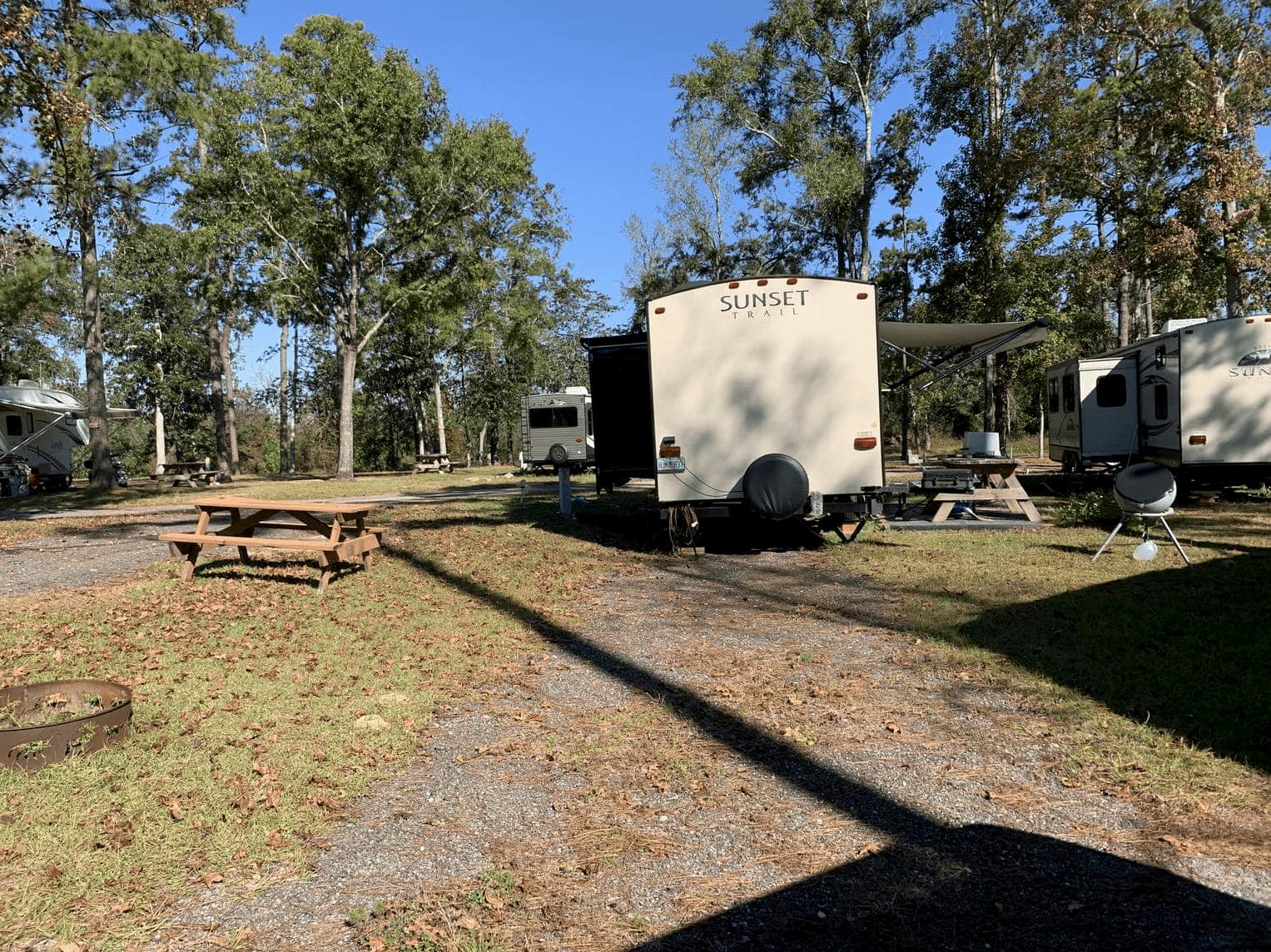 RV parked at wooded campsite with picnic table near Tallahassee Florida.