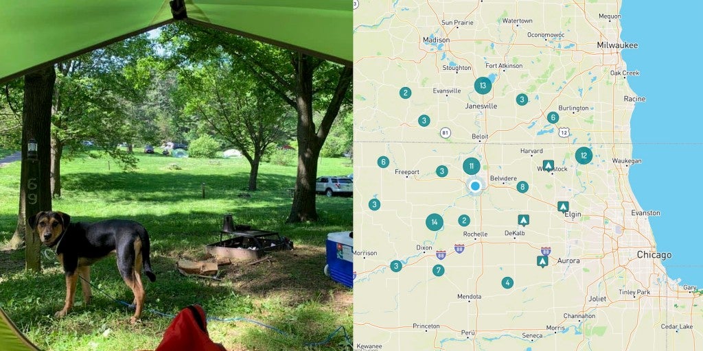 Dog in tent in campsite out of Rockford, Illinois beside image of map of campgrounds near Rockford.