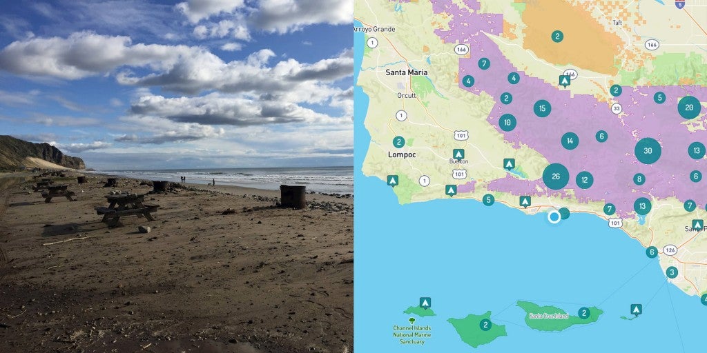 Image of Santa Barbara beach camping and map of campgrounds near Santa Barbara.
