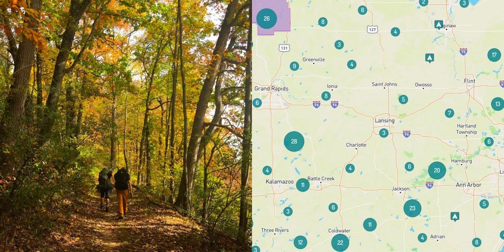 Image of two backpackers walking in the woods near Lansing Michigan. Right Image of map of camping near Lansing Michigan.