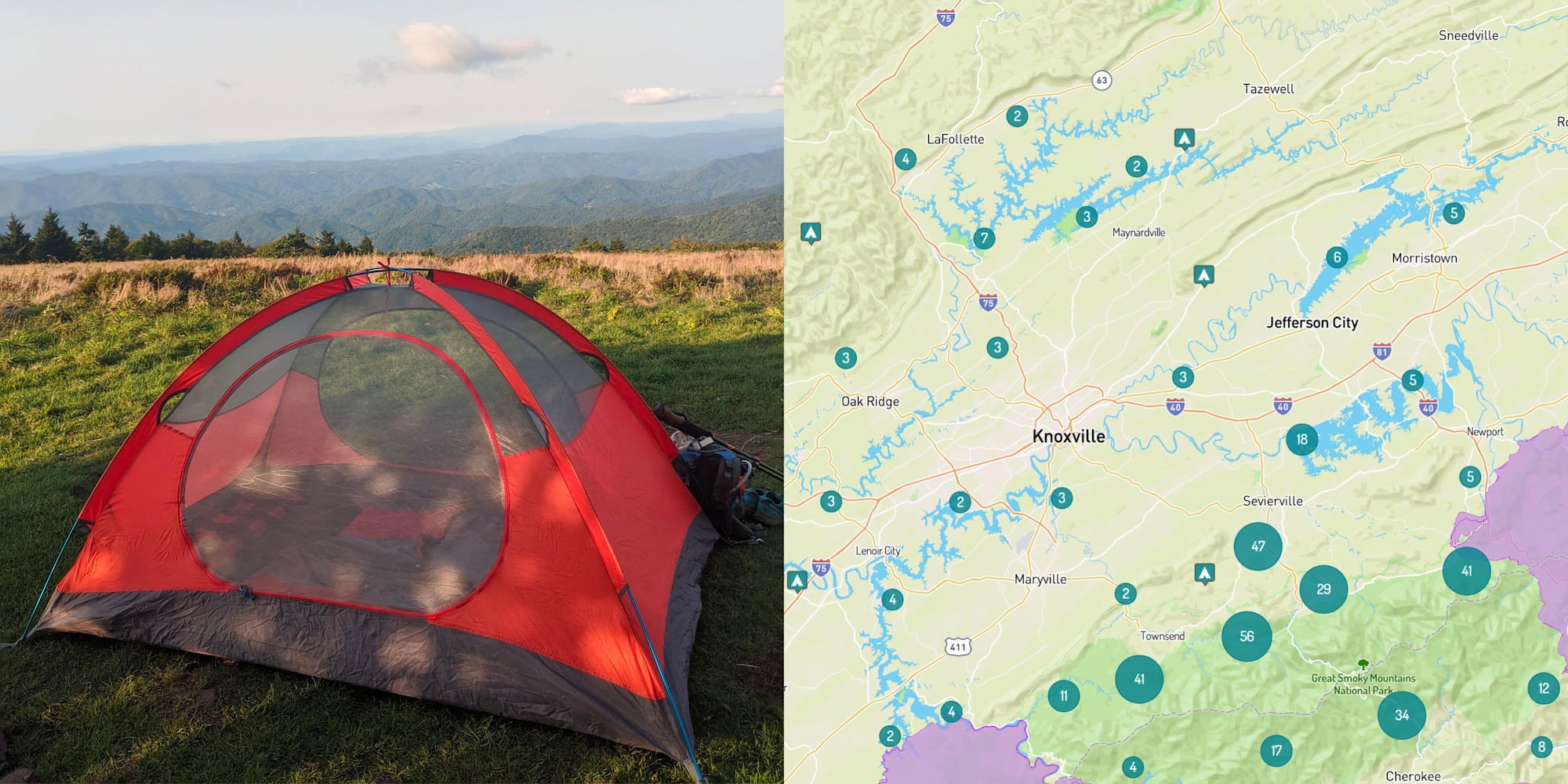 Orange tent in the mountains of Northeastern Tennessee beside an image of map of camping near Knoxville, Tennessee.