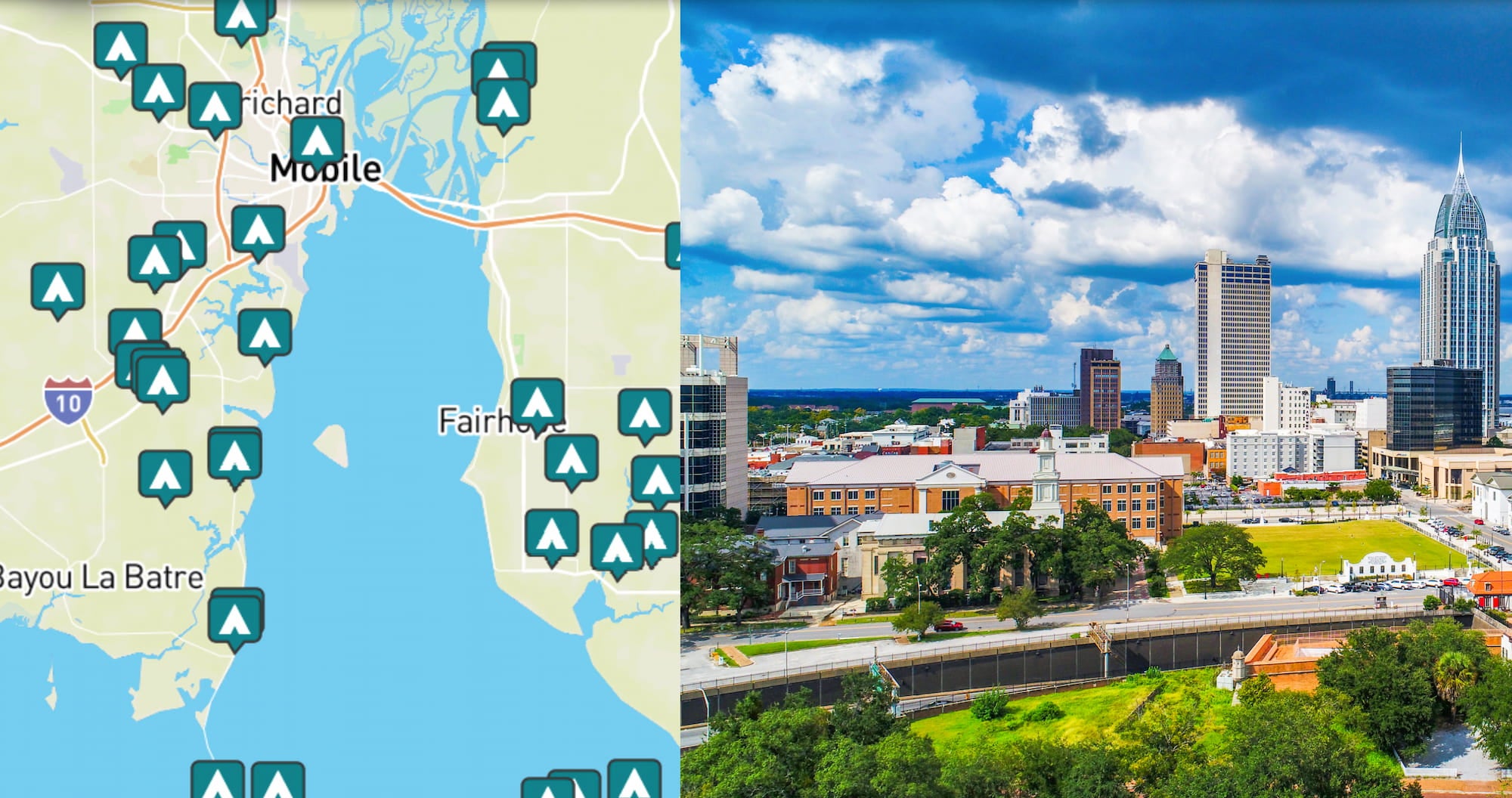 side by side images of downtown mobile and a map of campgrounds around mobile