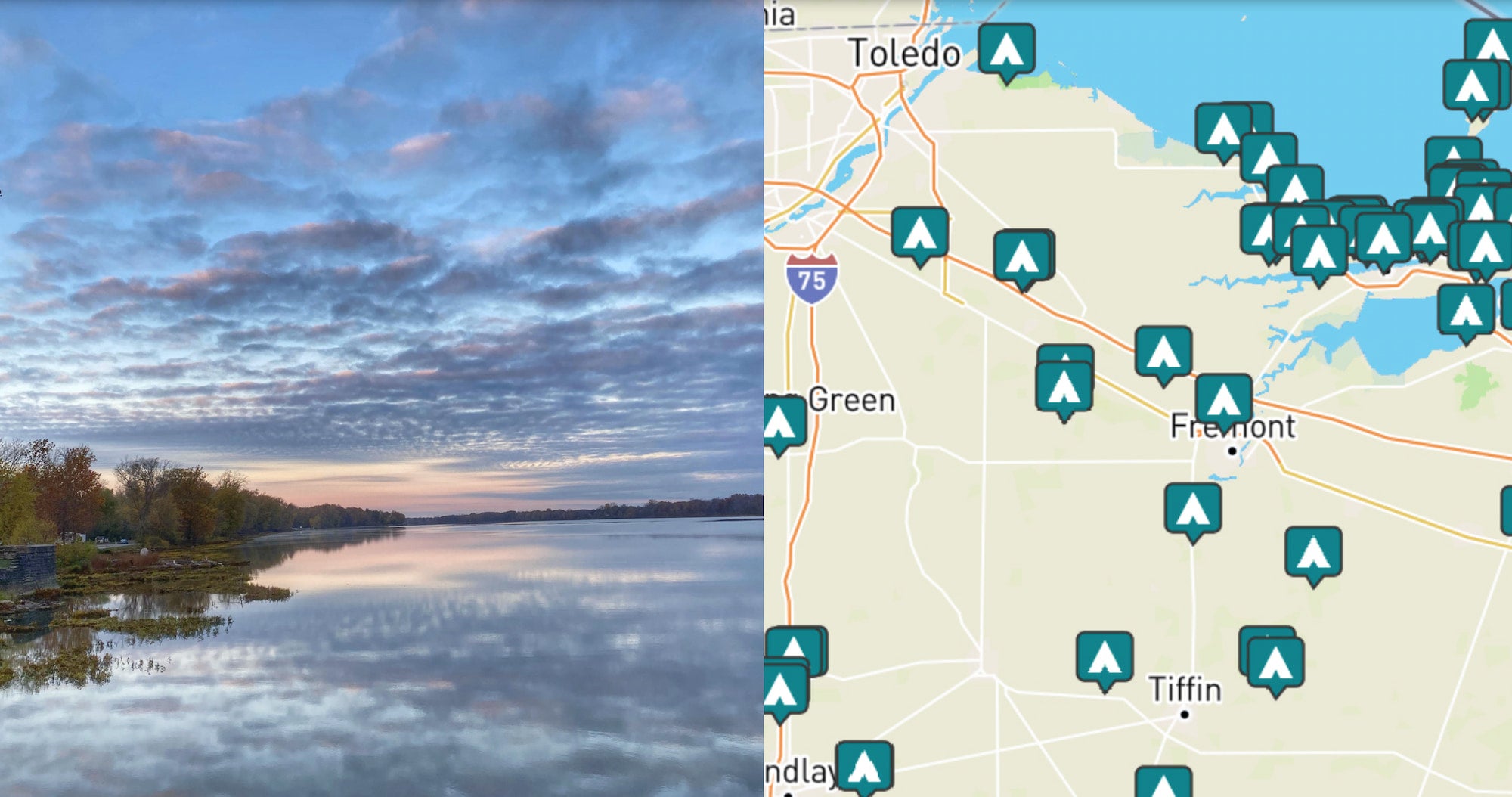 side by side images of sunset over the water and a map of camping near toledo Ohio