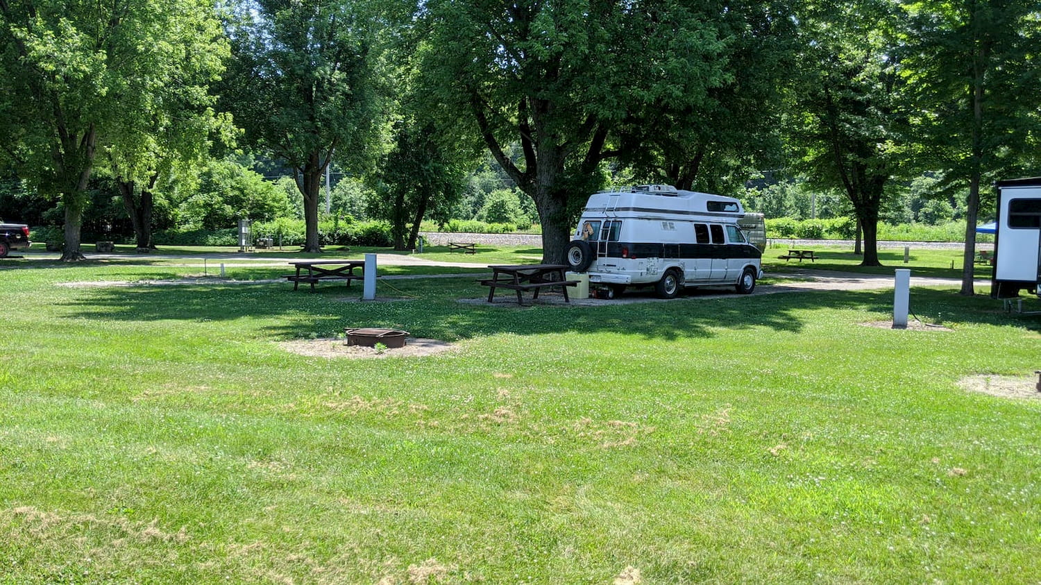 camper parked at camp spot under tree in green grass field