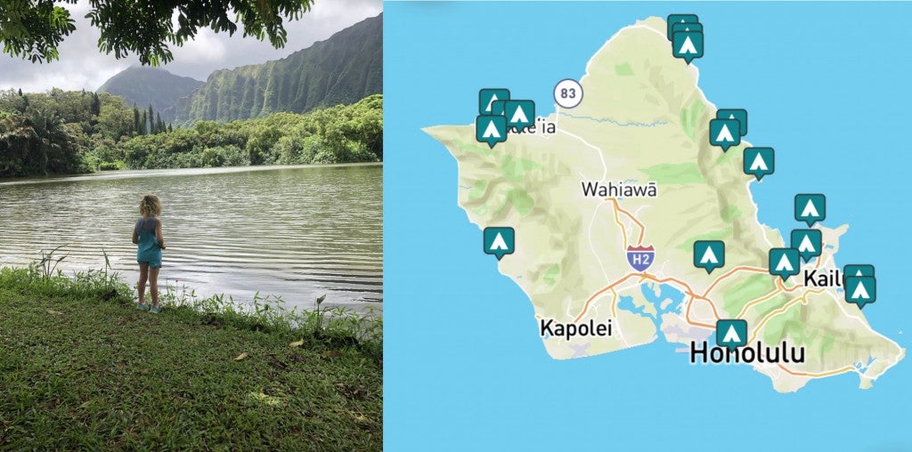 side-by-side images of camper near water and a map of campgrounds near Honolulu