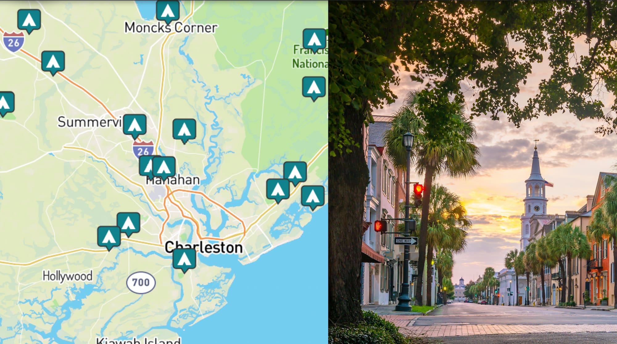side by side images of camping near charleston and a picture of downtown charleston