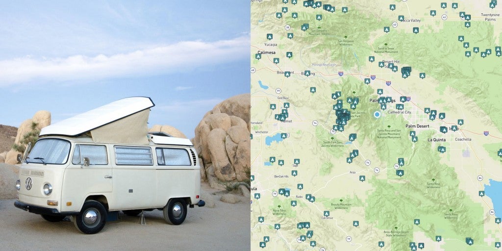 Van parked in joshua tree near palm springs, map of camping near and around Palm Springs, California.