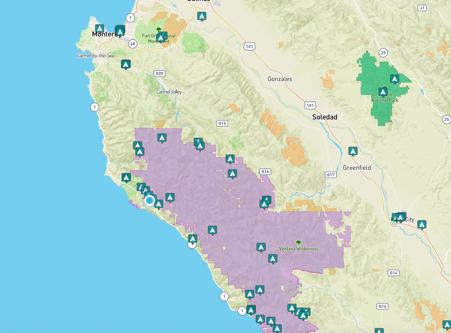 Free camping along the California Coast on National Forest land.