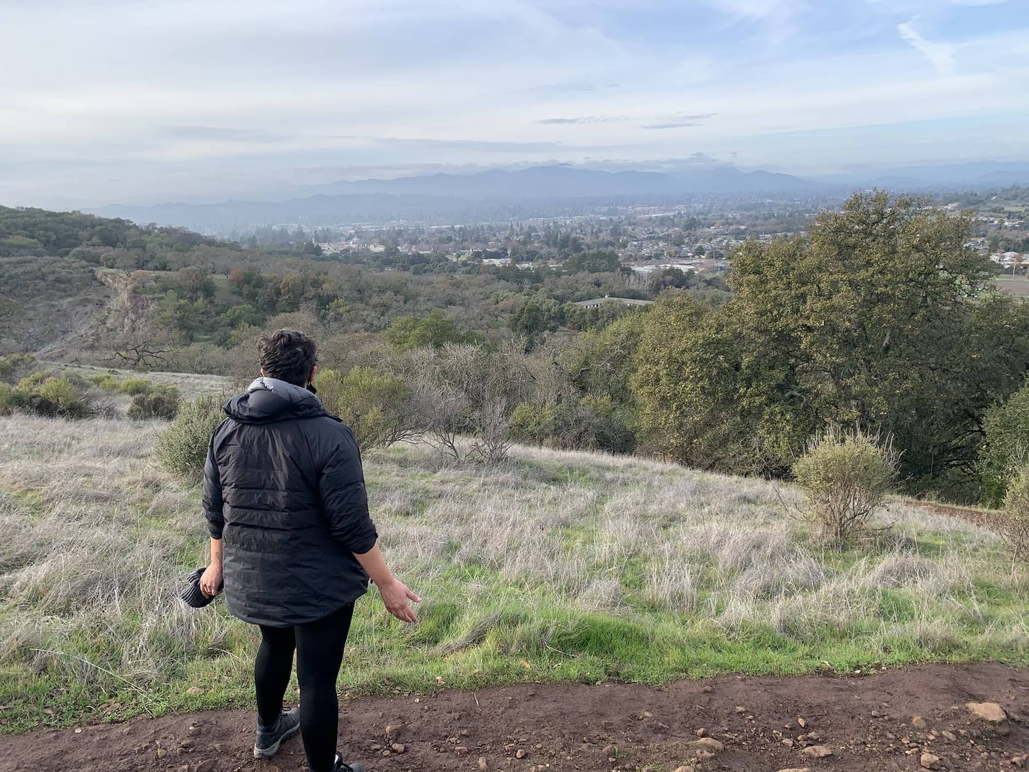 woman overlooking trees and suburbs