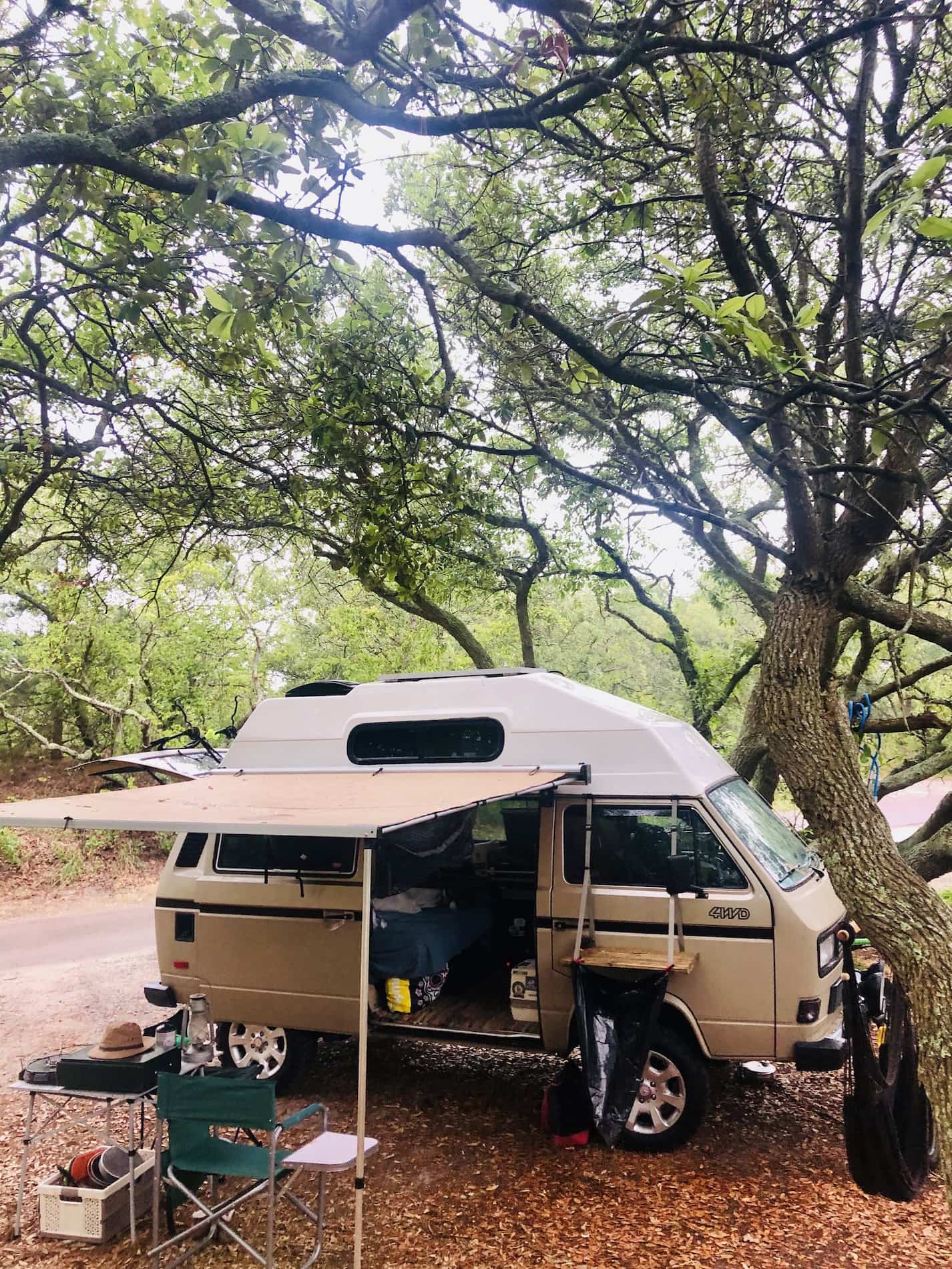 VW Westfalia set up in forest by the beach in Virginia.