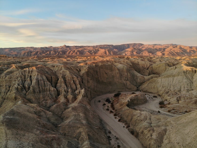 rocks and windy road at sunset