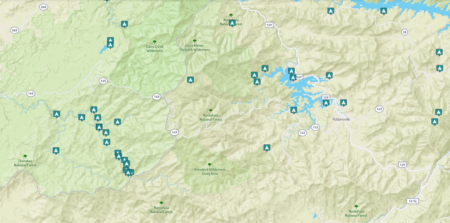 map of campgrounds near Nantahala national forest