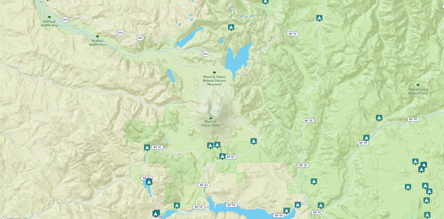 map of campgrounds near Mount St. Helens