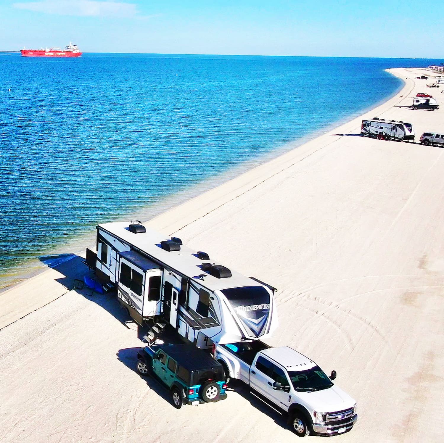 Tom and Cheri of enjoythejourney.life RV parked on the beach.