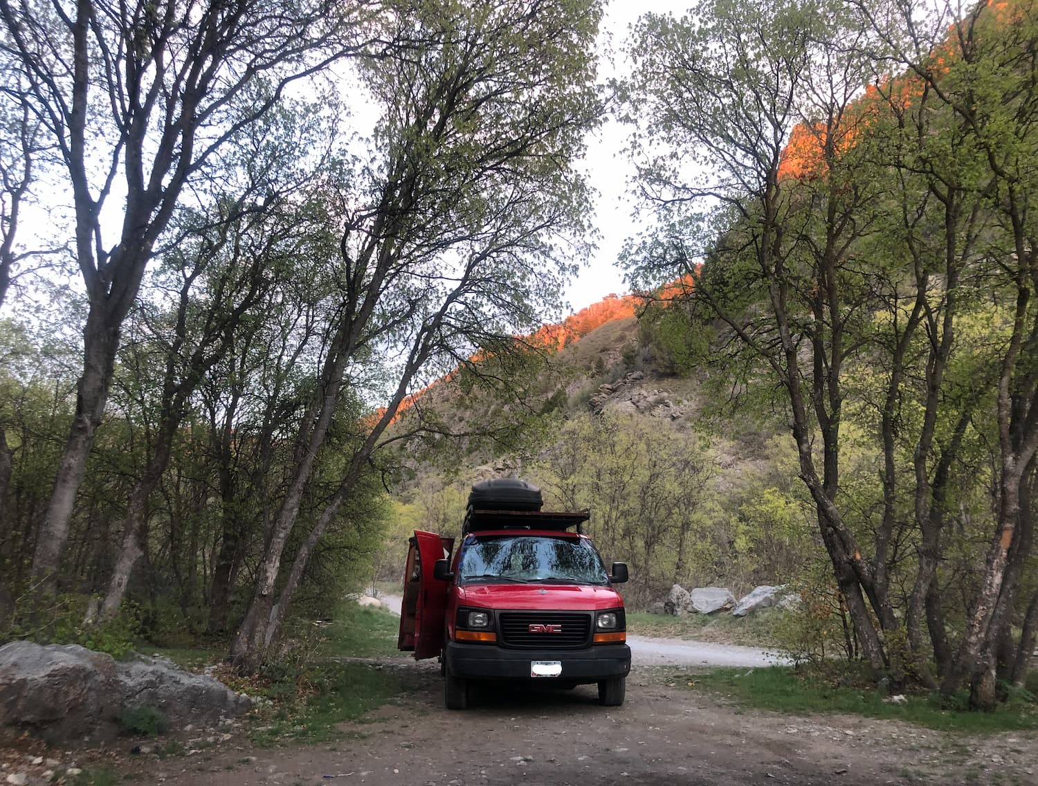 van sitting in forest