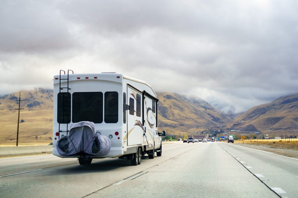 rv driving on freeway to los angeles