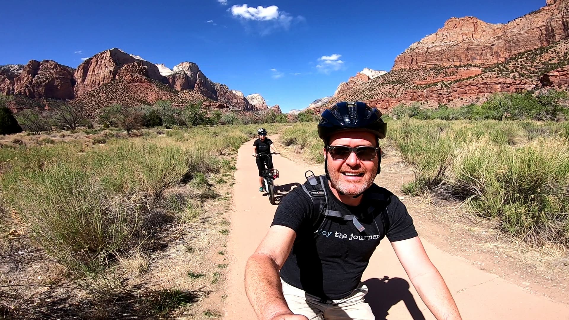 Tom and Cheri of Enjoythejounrey.life using their electric bikes in the desert.