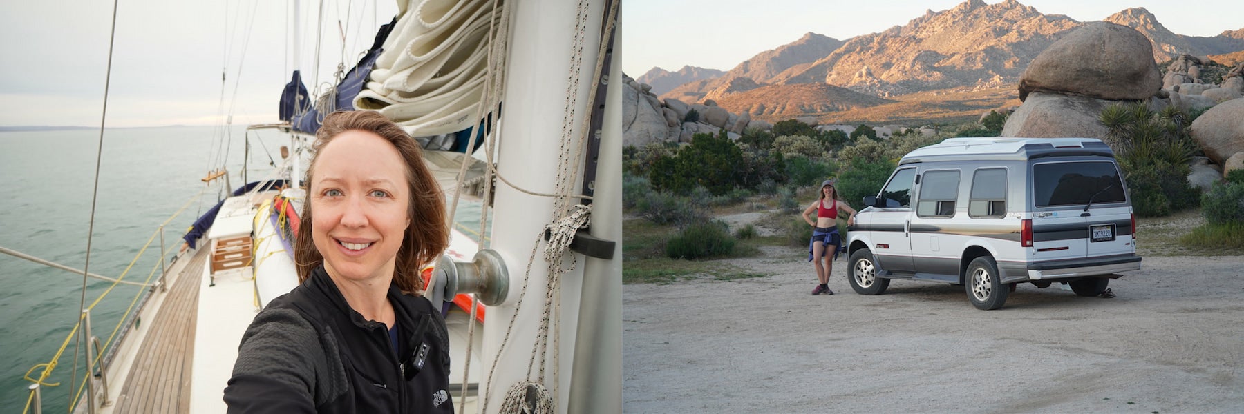 Kristin Hanes of The Wayward Home on her sailboat and beside her van.