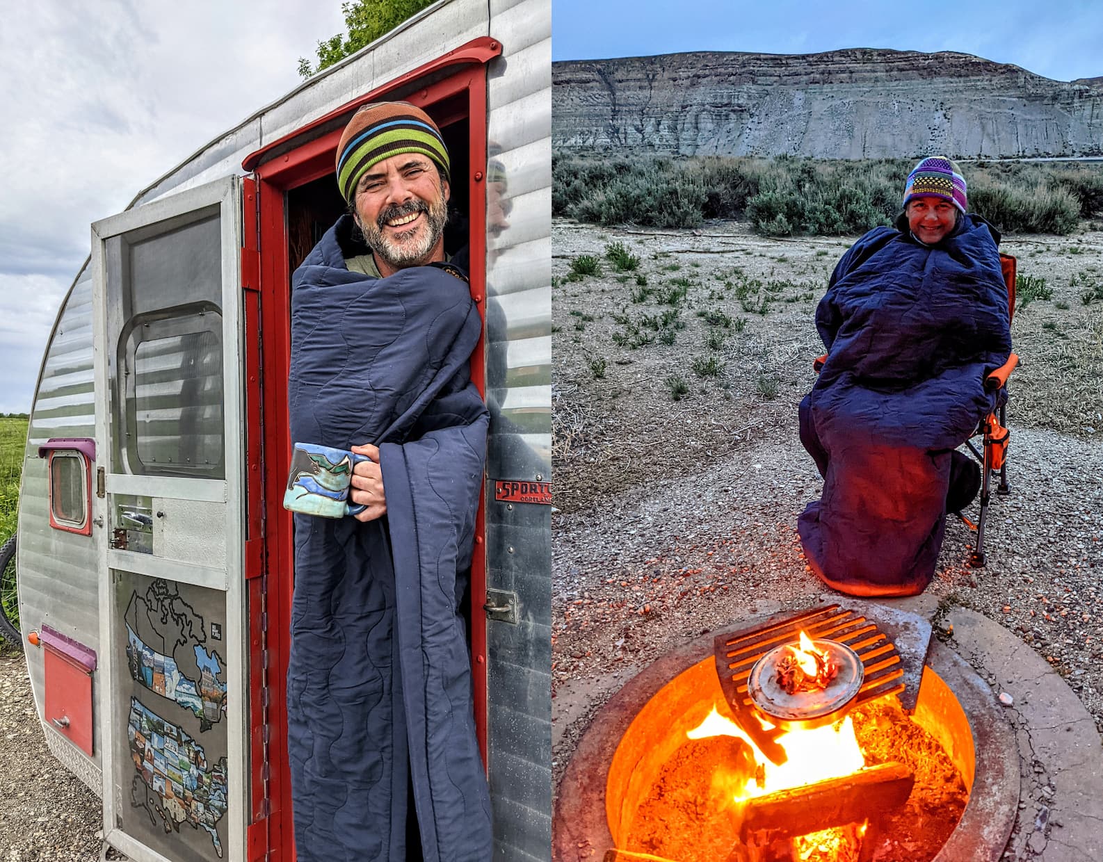 Shari and Hutch full time Rvers cozied up in their heated blankets in their Rv and beside the fire.