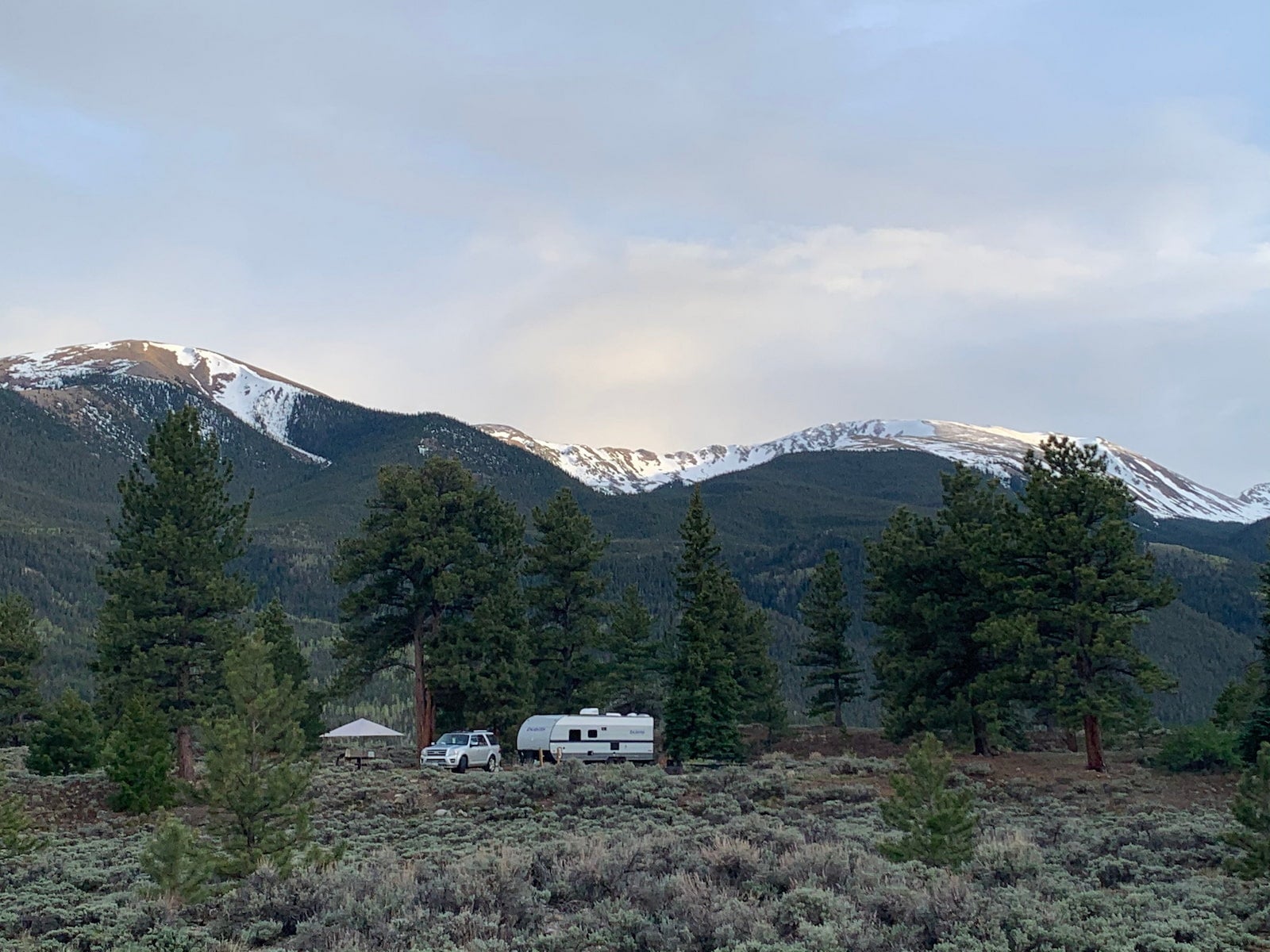 RV with Truck parked in campsite surrounded by pine trees below snow capped mountains.