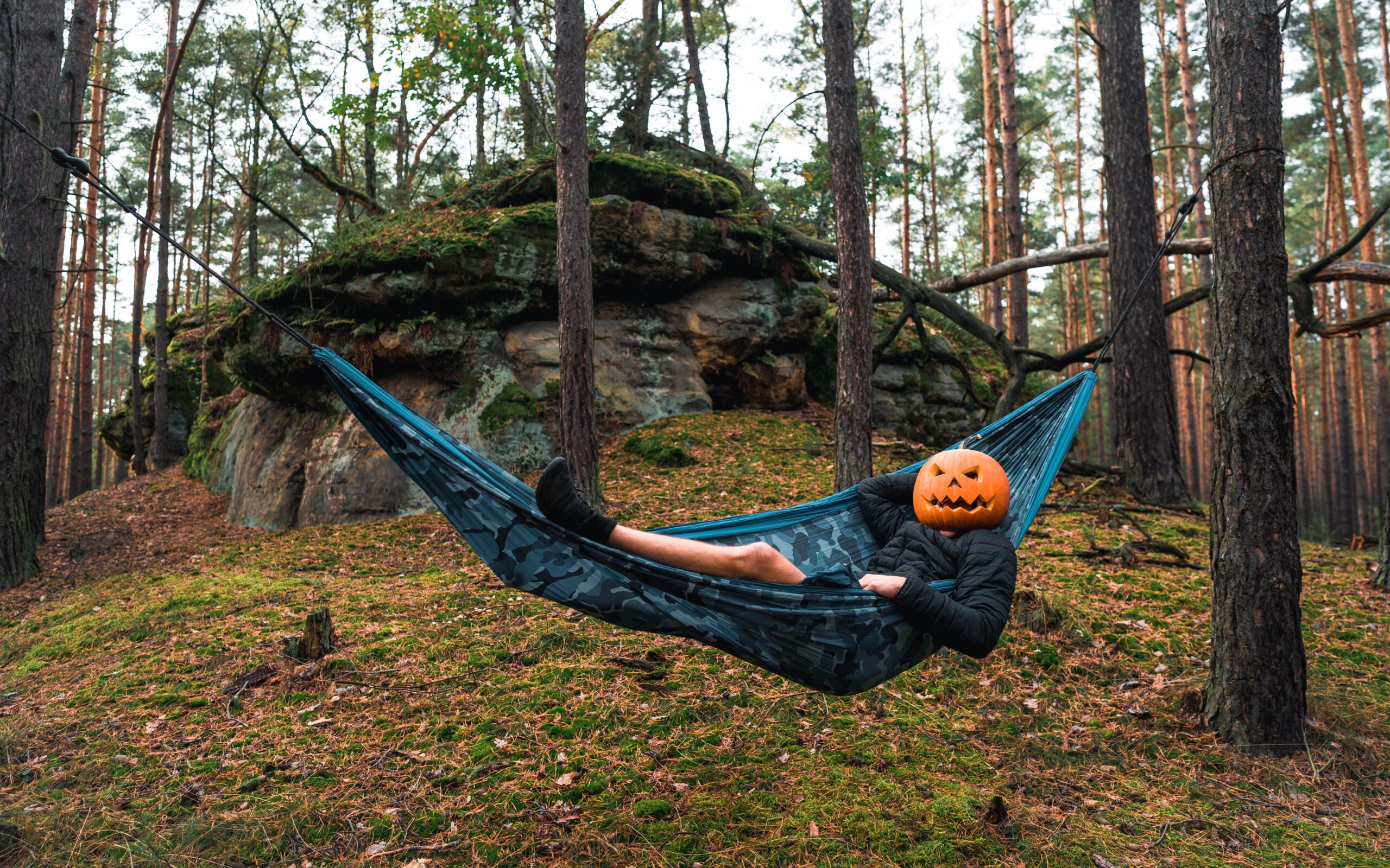 Halloween jack of lantern camper hanging out in a hammock in the woods.