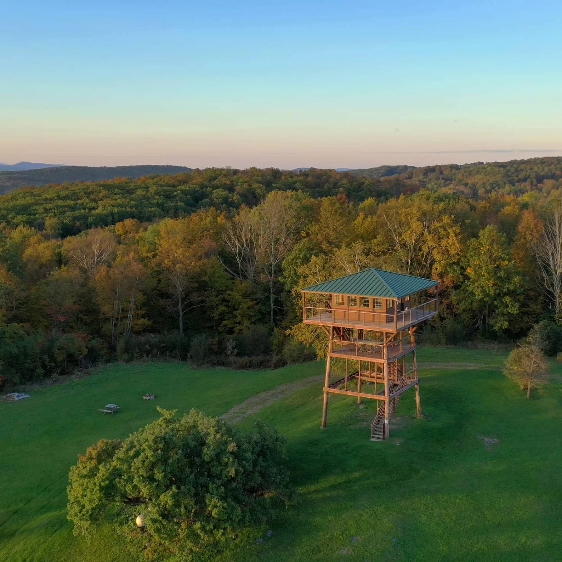 Slateville Fire Tower glamping tucked in the Adirondack Mountains.