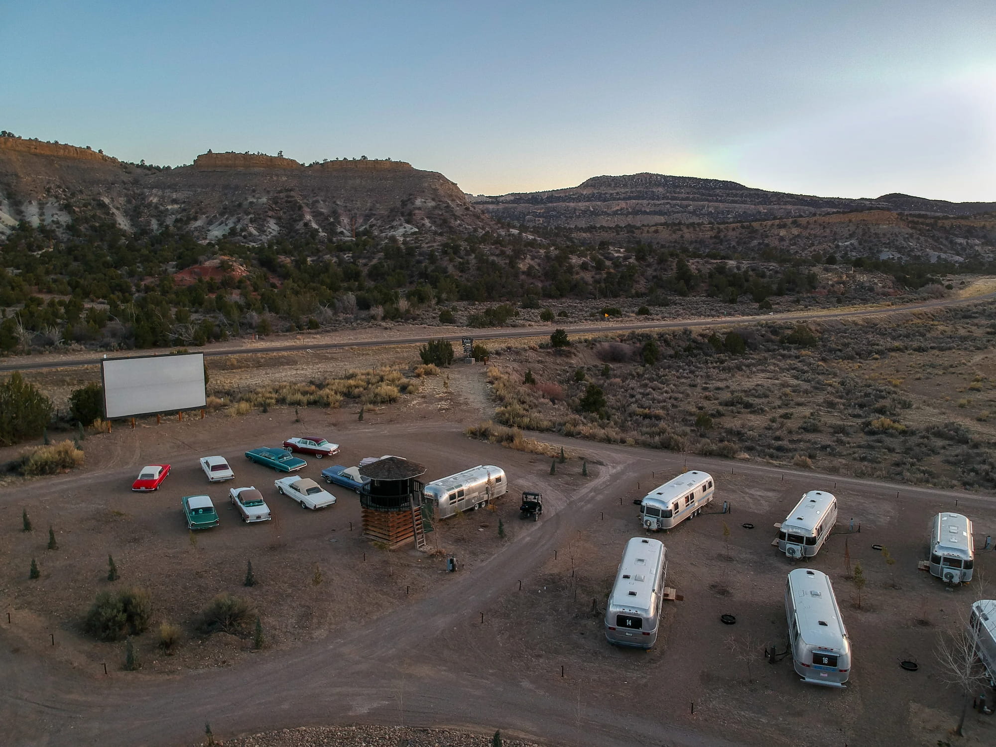 Aerial image of Yonder Escalante glamping with airstream and drive in theater.
