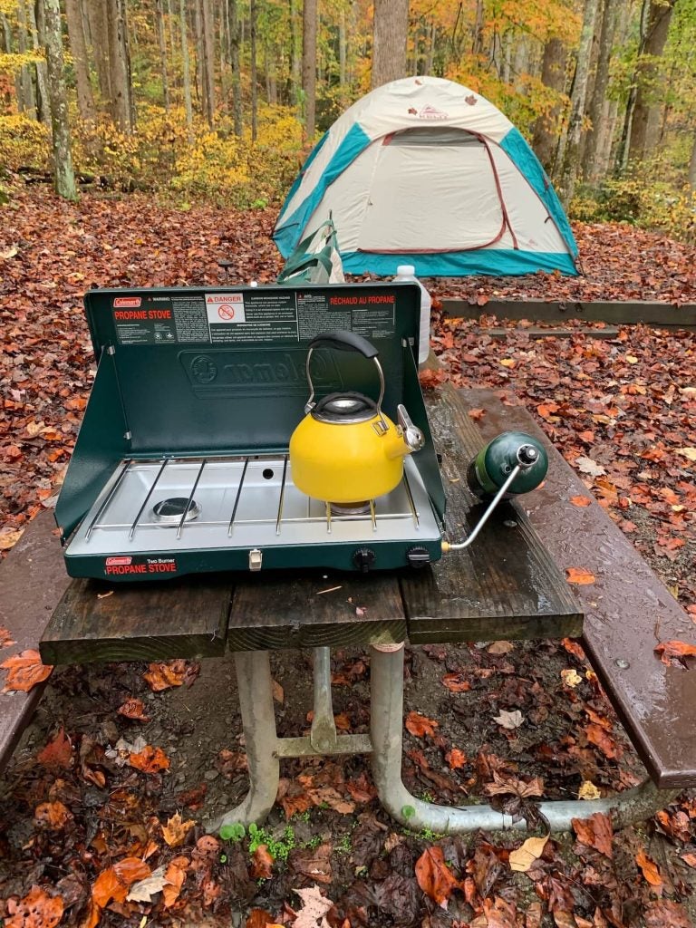 Campsite during fall covered in red and orange leaves with a tent, picnic, camp stove and tea kettle.