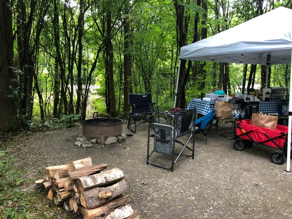 Campsite in the woods with tent canopy, wood pile and fire pit.