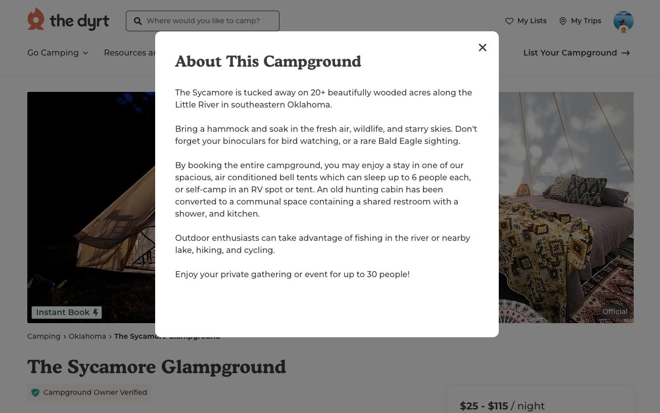Listing description of campground