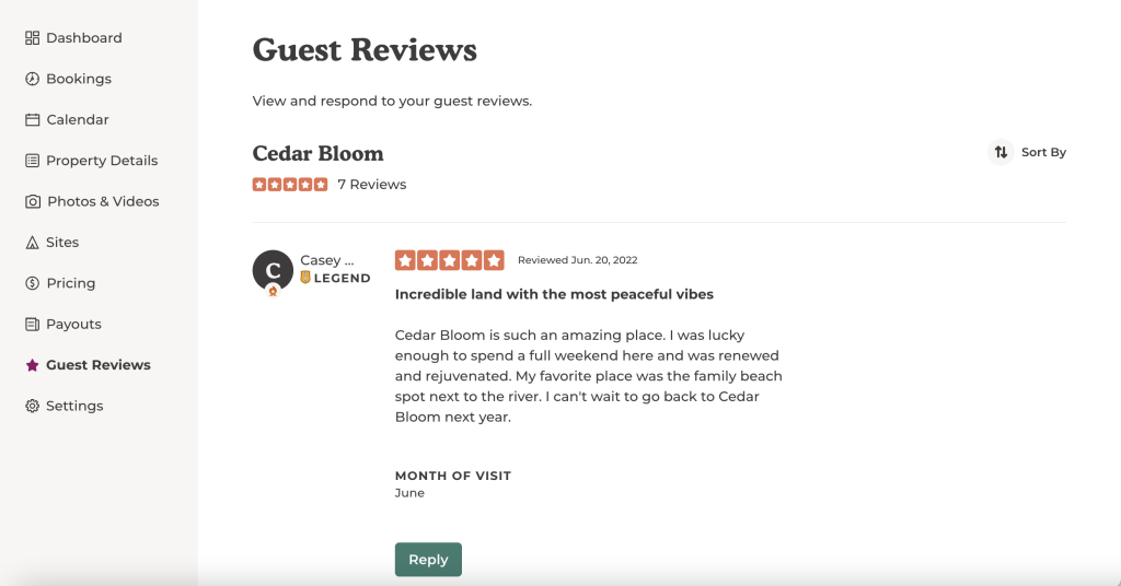 Guest reviews screen showing how to reply to a review