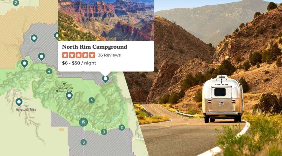 map image with a pin indicating a campground location and an rv driving off into the distance